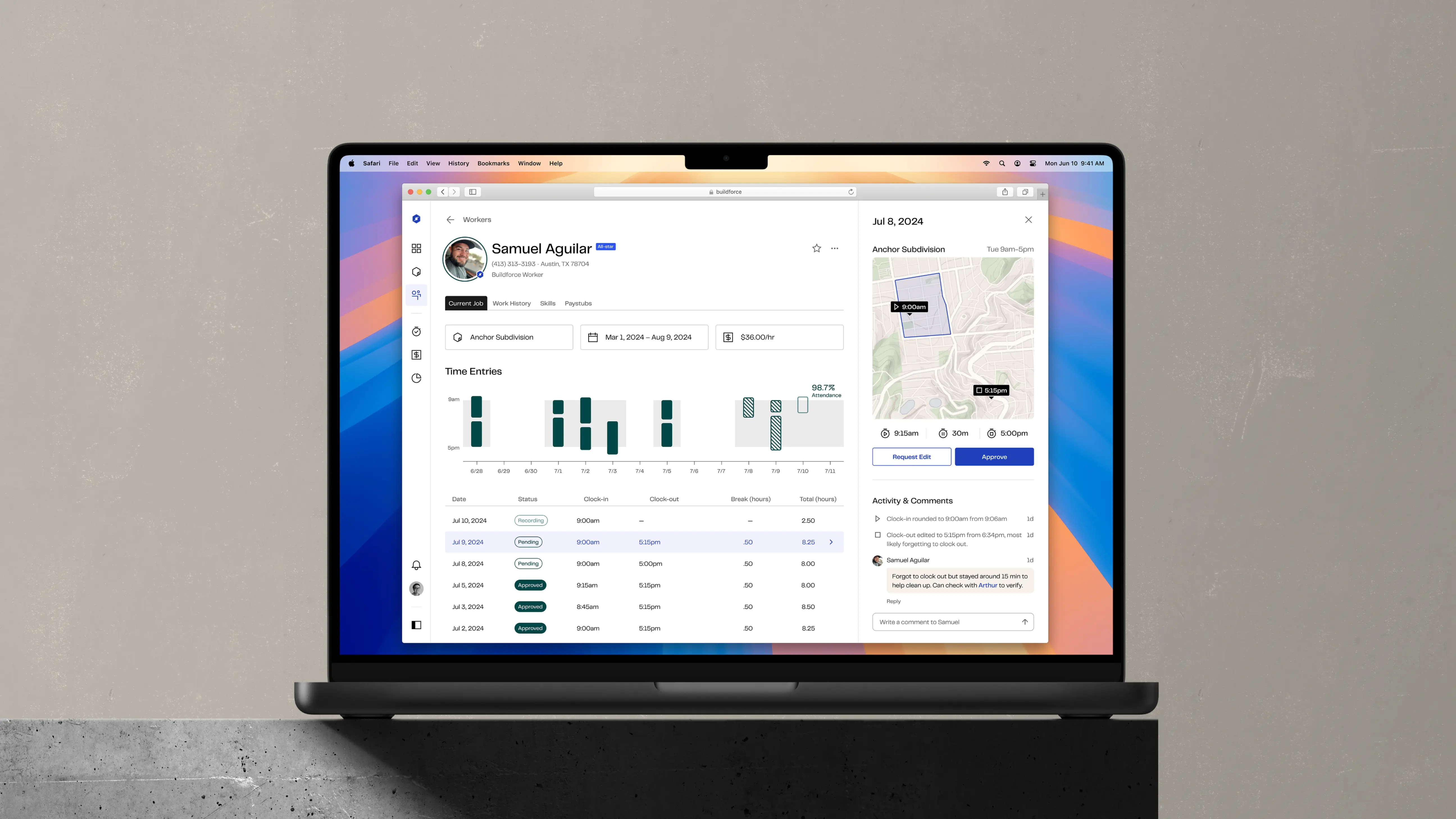 Worker profile for Buildforce web app in construction scene