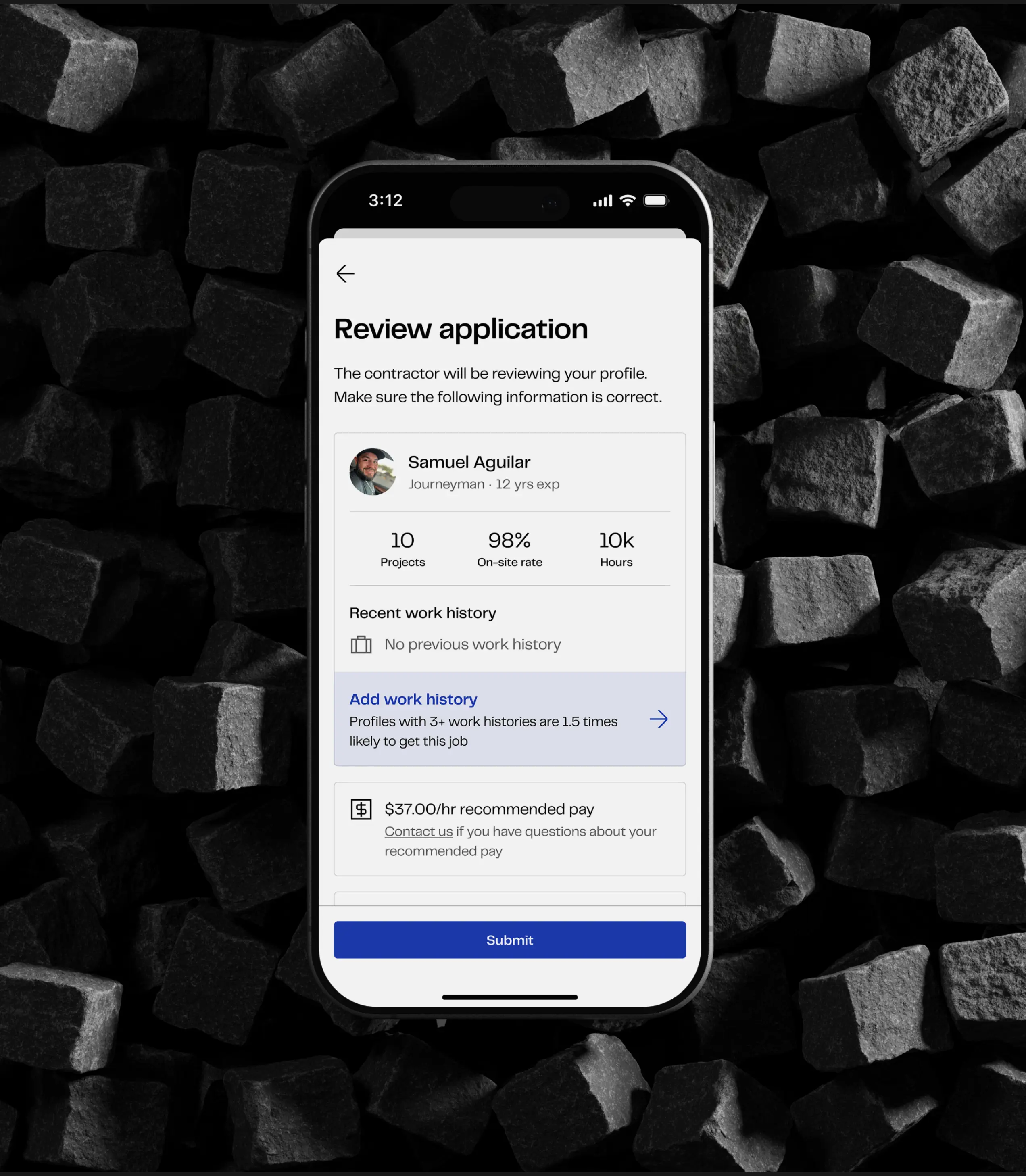 Worker profile before submitting an application in Trades app