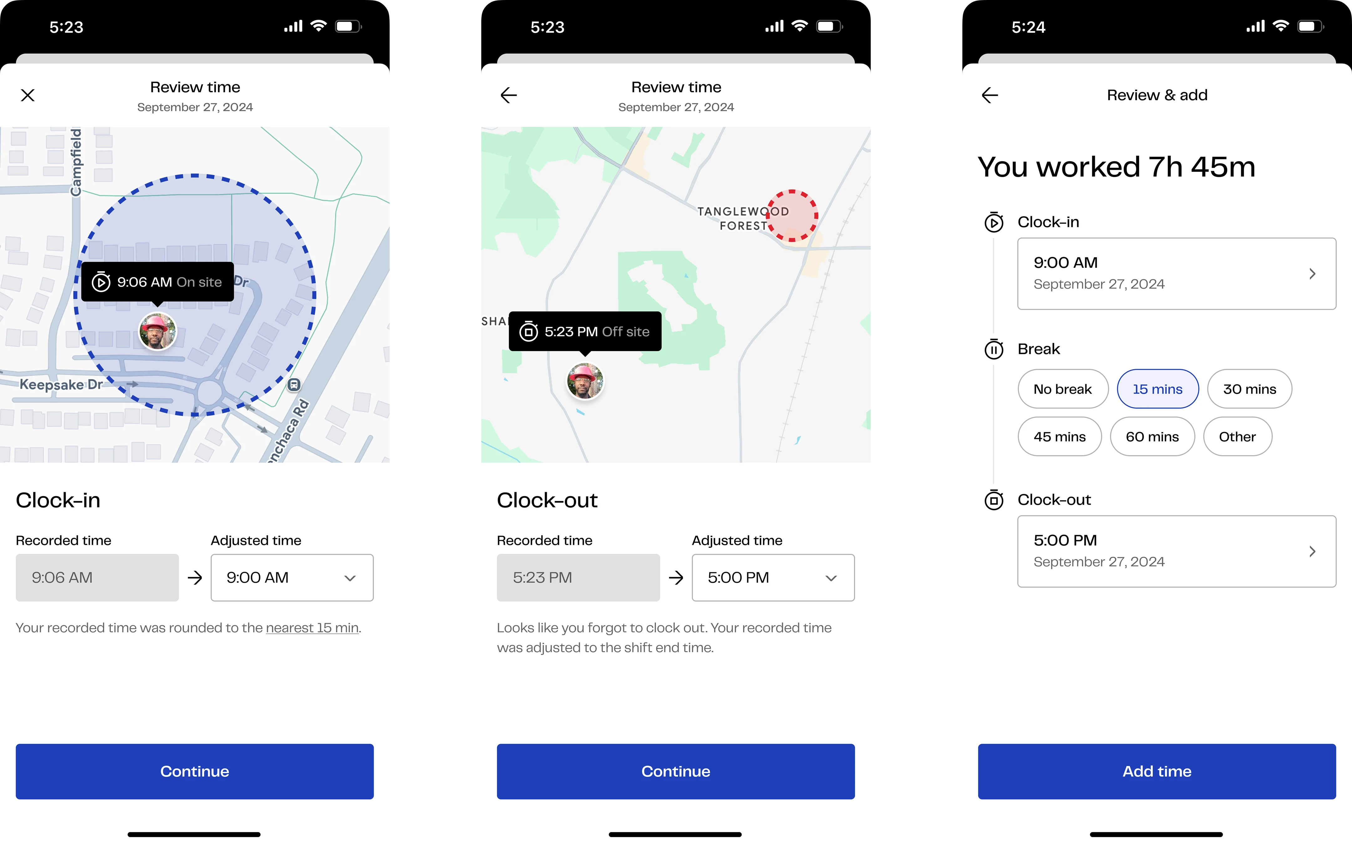 Electrician clock-out flow in the Buildforce web app