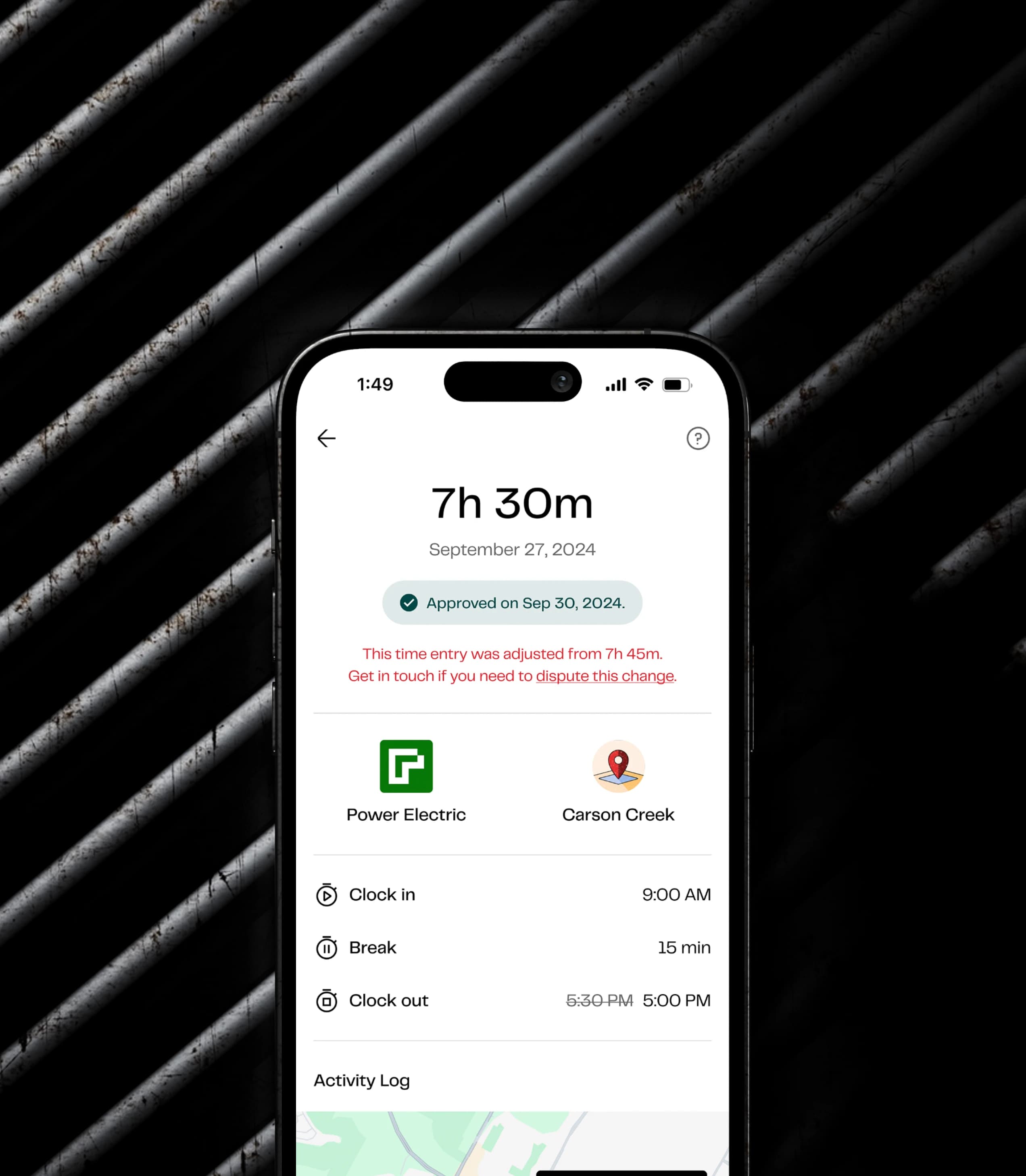 Trades app showing contractor adjusting worker total hours and option to dispute the change