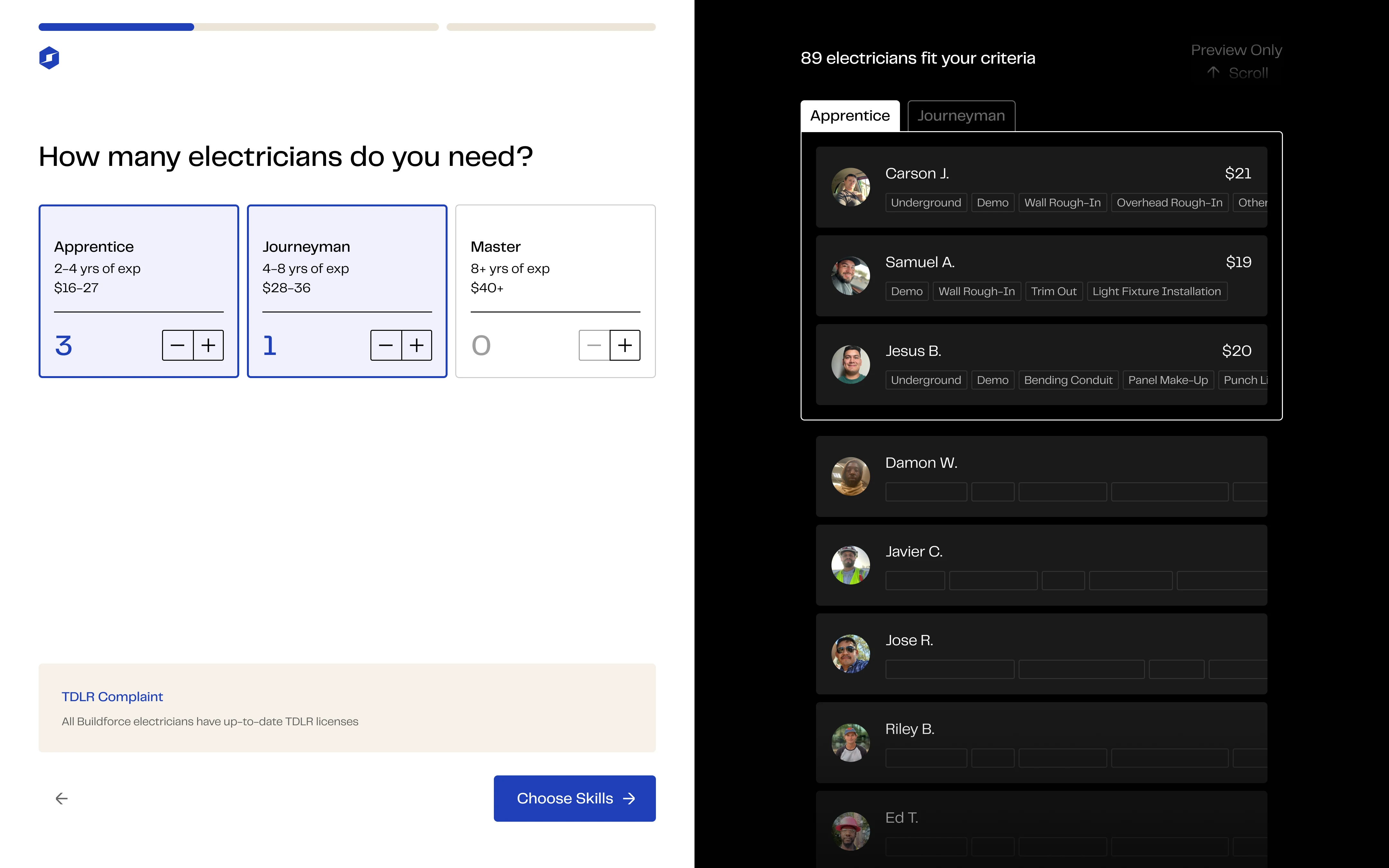 Contractor onboarding flow with worker count selection