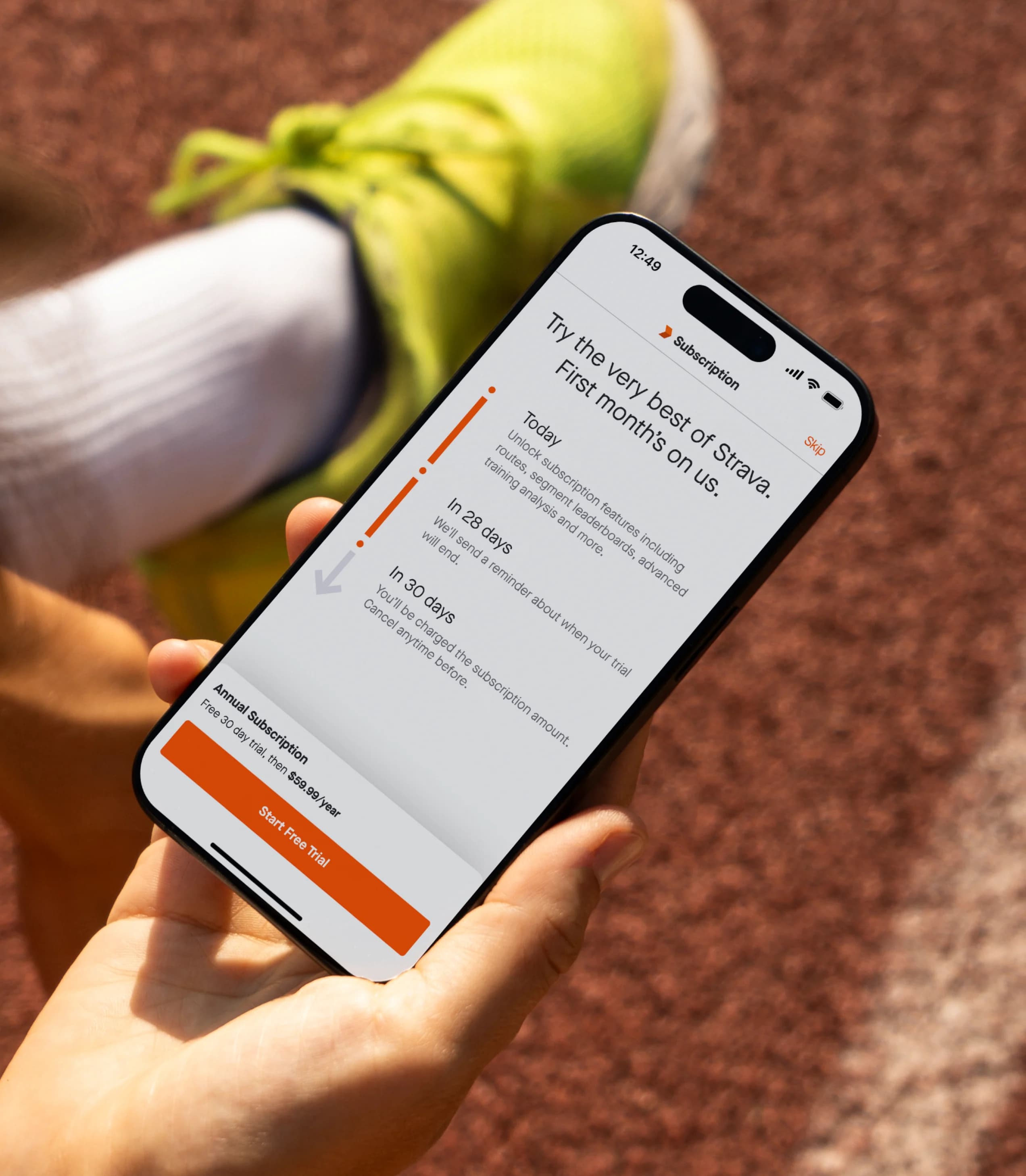 Growth experiment on registration in Strava app detailing when subscriber free trial and when payment is required
