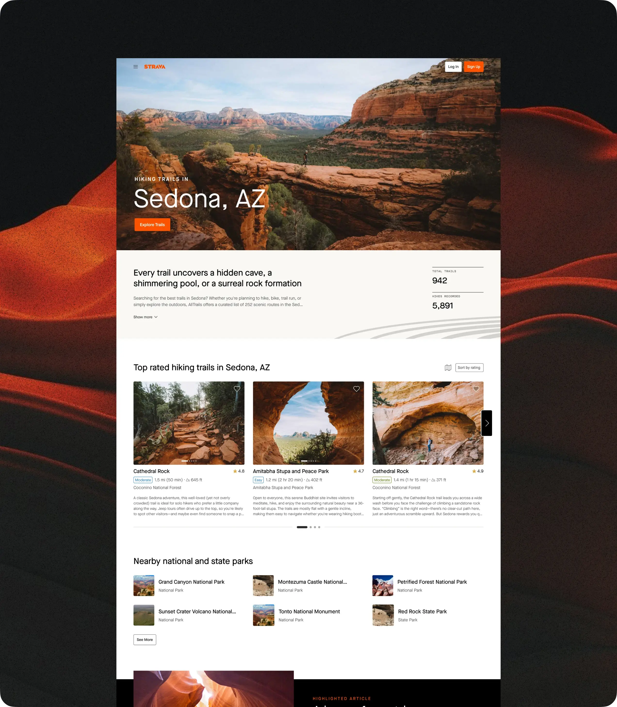 Page showcasing different types of trail routes on Strava web for SEO