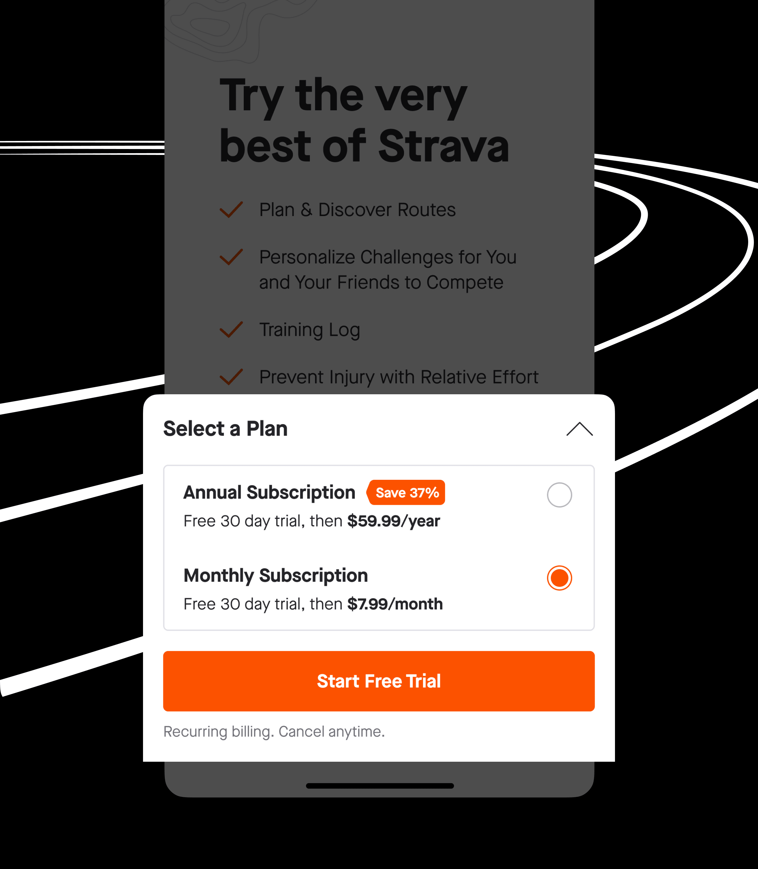 Monthly or annual subscription rate selection in bottom sheet