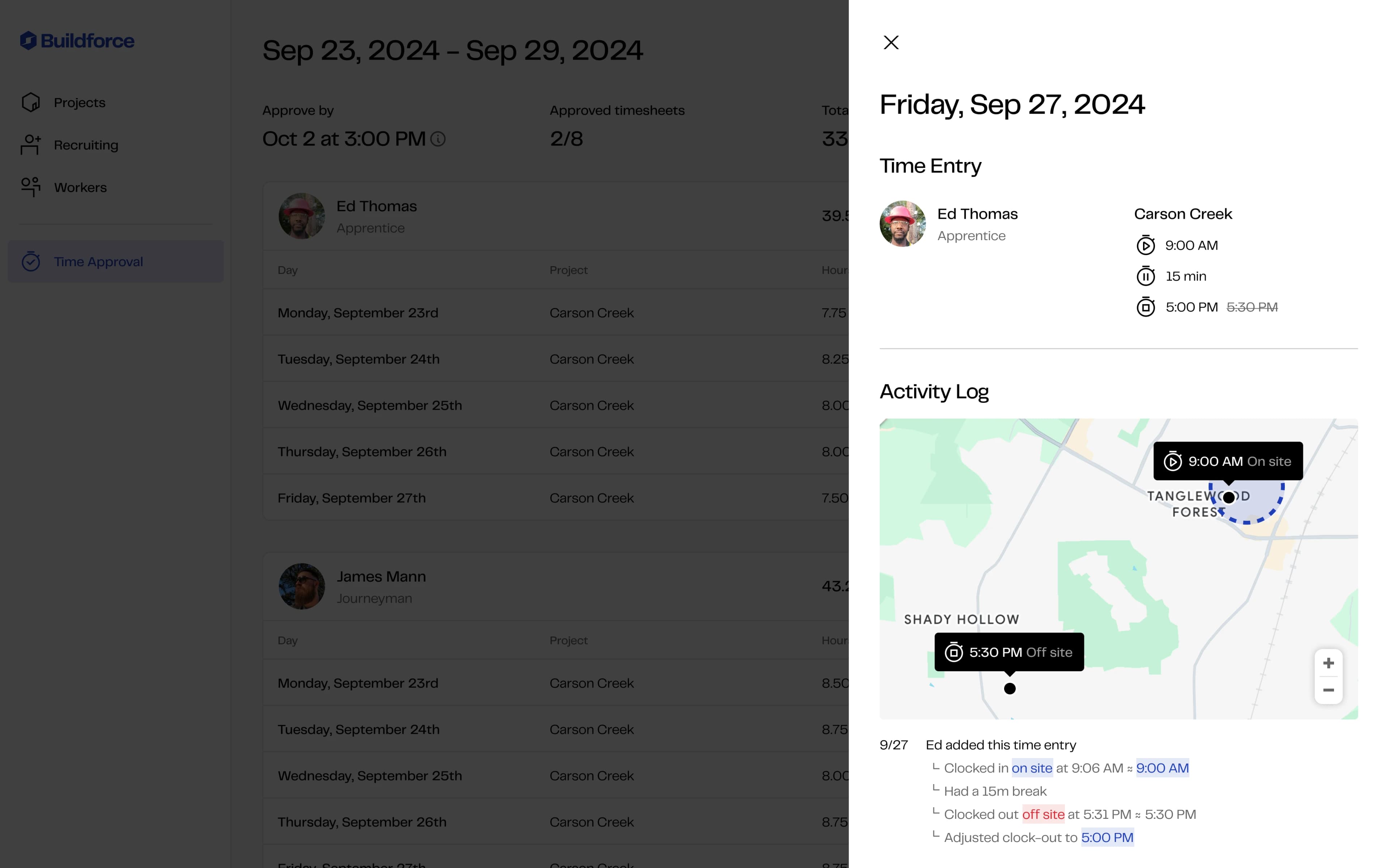 Contractor time approval screen detailing worker time entry